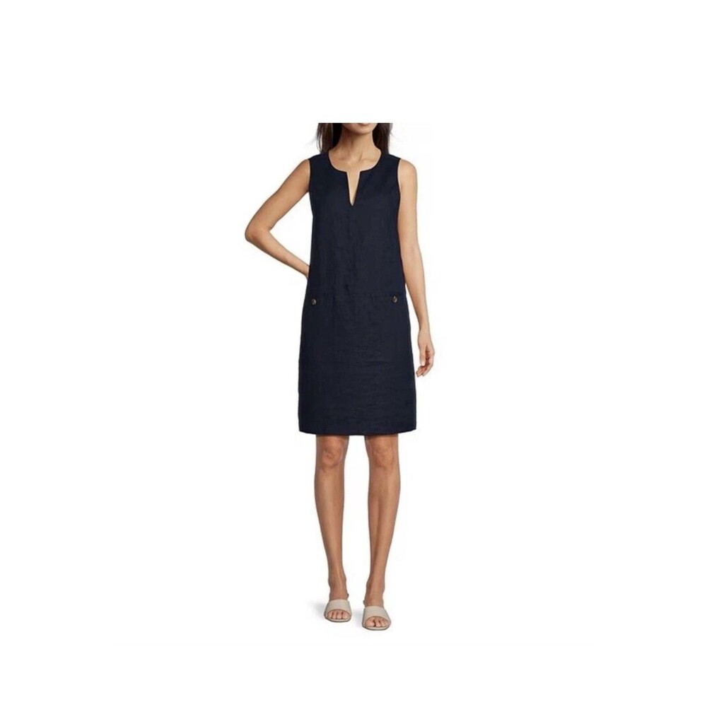 J. McLaughlin Dress Womens S Blue Linen Sleeveless V Neck Shift Lined Short